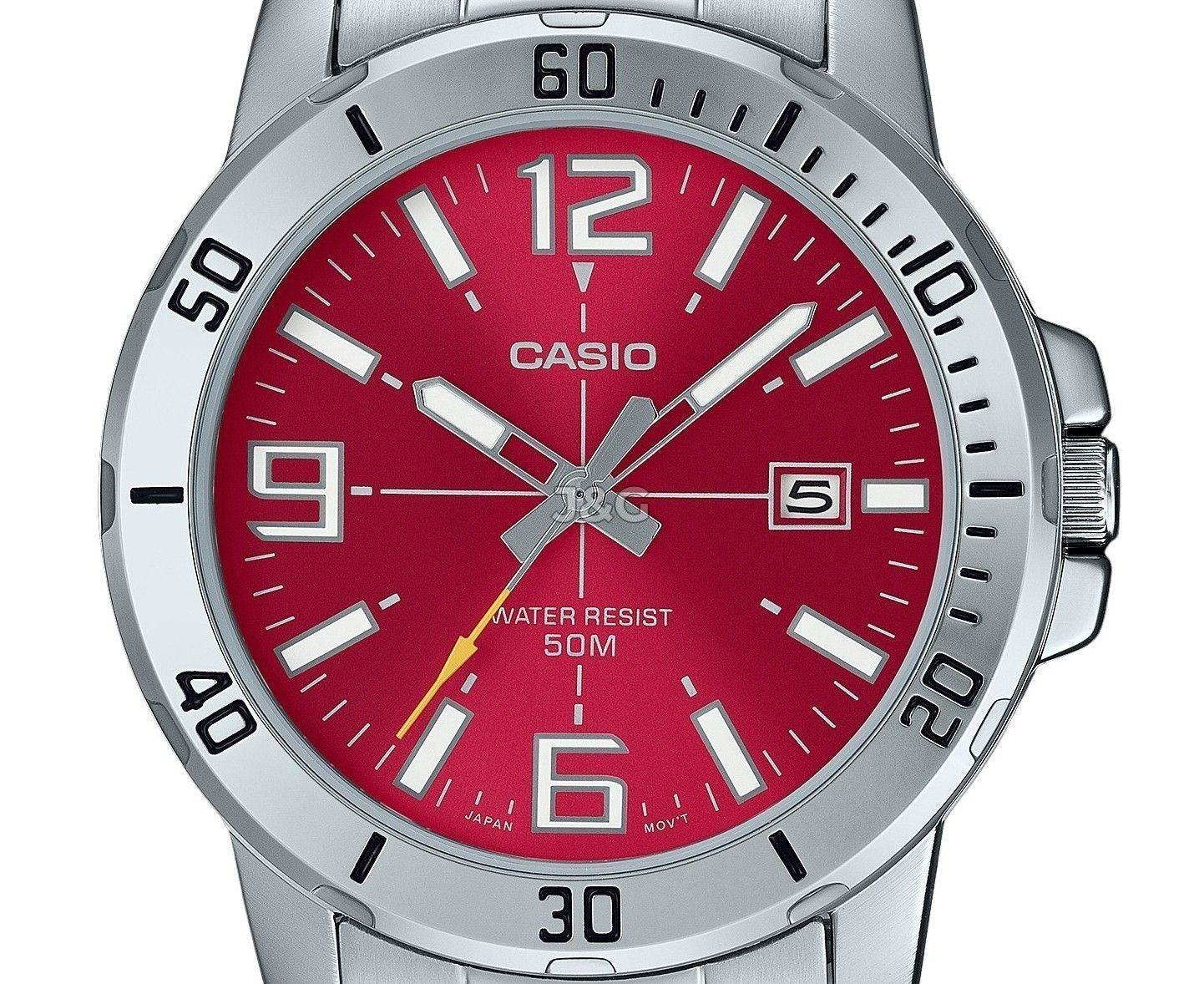 Casio Standard Quartz movement Red Stainless steel Male MTP-VD01D-4BV. A brand-new Casio Standard watch featuring a Red dial and a Stainless steel strap. Side view. - view 2