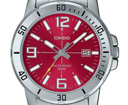 Casio Standard Quartz movement Red Stainless steel Male MTP-VD01D-4BV. A brand-new Casio Standard watch featuring a Red dial and a Stainless steel strap. Side view. - view 2