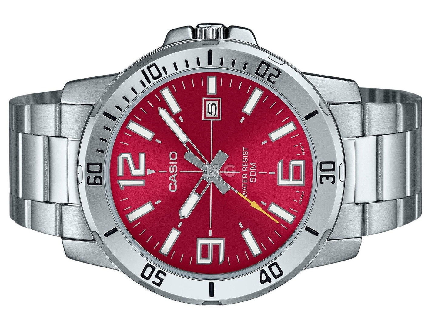 Casio Standard Quartz movement Red Stainless steel Male MTP-VD01D-4BV. A brand-new Casio Standard watch featuring a Red dial and a Stainless steel strap. Side view. - view 3