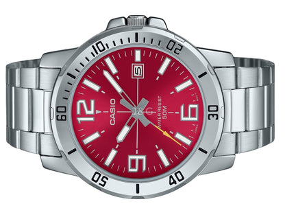 Casio Standard Quartz movement Red Stainless steel Male MTP-VD01D-4BV. A brand-new Casio Standard watch featuring a Red dial and a Stainless steel strap. Side view. - view 3