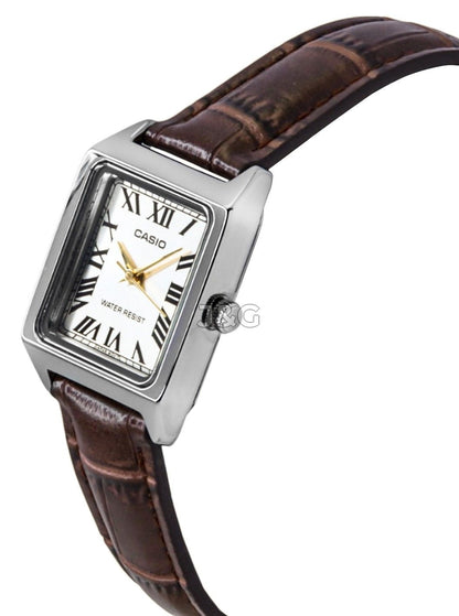 Casio Standard Quartz movement Silver Leather Female LTP-V007L-9B. A brand-new Casio Standard watch featuring a Silver dial and a Leather strap. Front view. - view 2