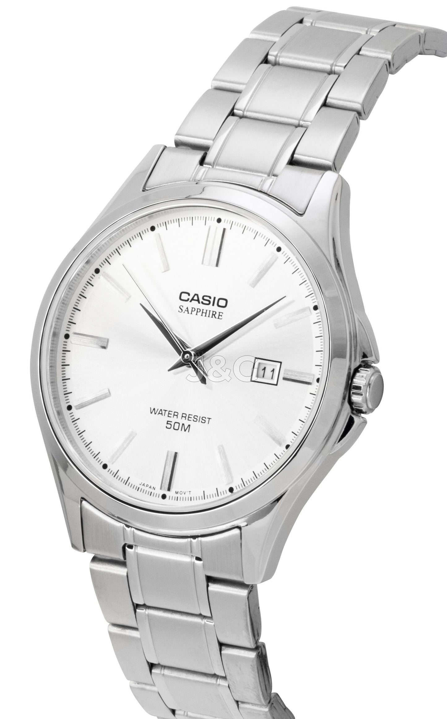 Casio Standard Quartz movement Silver Stainless steel Male MTS-115D-7AV. A brand-new Casio Standard watch featuring a Silver dial and a Stainless steel strap. Angled view. - view 2