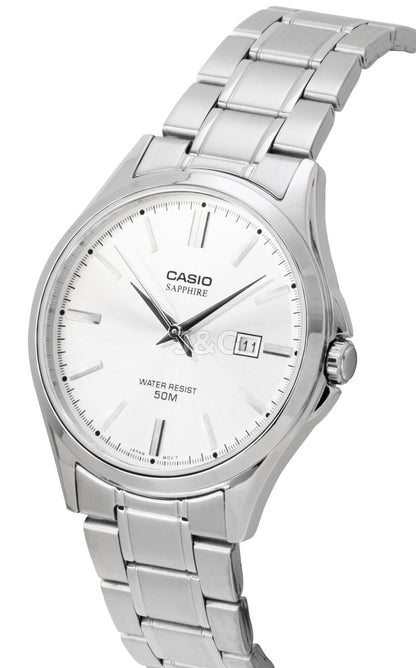 Casio Standard Quartz movement Silver Stainless steel Male MTS-115D-7AV. A brand-new Casio Standard watch featuring a Silver dial and a Stainless steel strap. Angled view. - view 2