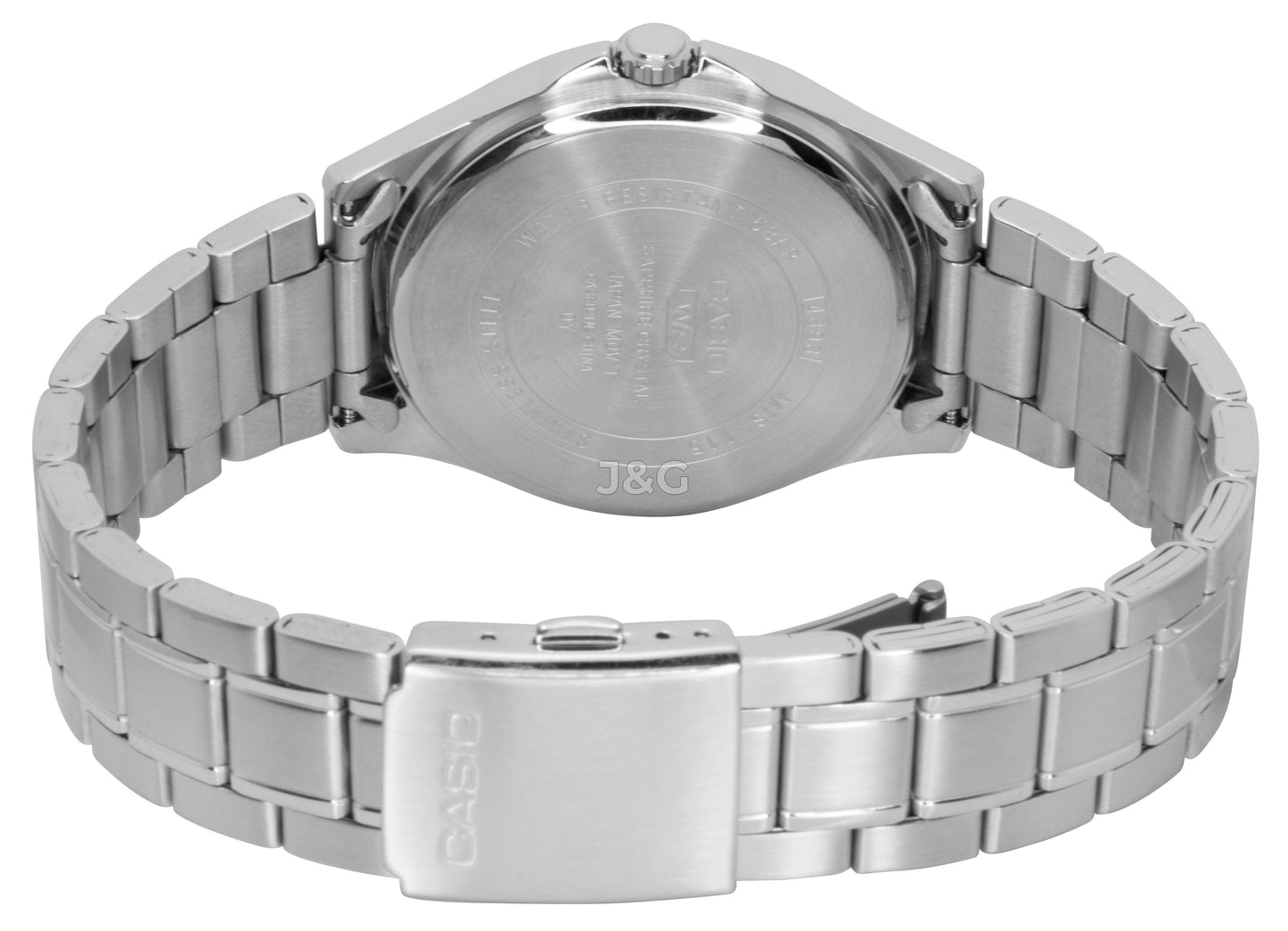 Casio Standard Quartz movement Silver Stainless steel Male MTS-115D-7AV. A brand-new Casio Standard watch featuring a Silver dial and a Stainless steel strap. Angled view. - view 3