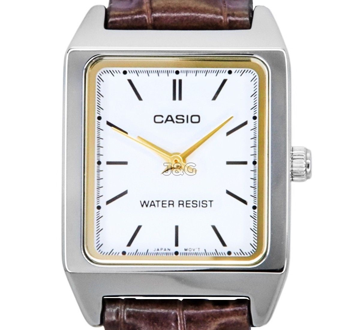 Casio Standard Quartz movement White Leather Female LTP-V007L-7E2. A brand-new Casio Standard watch featuring a White dial and a Leather strap. Angled view. - view 2