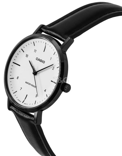 Casio Standard Quartz movement White Leather Female LTP-VT03BL-7B. A brand-new Casio Standard watch featuring a White dial and a Leather strap. Angled view. - view 2