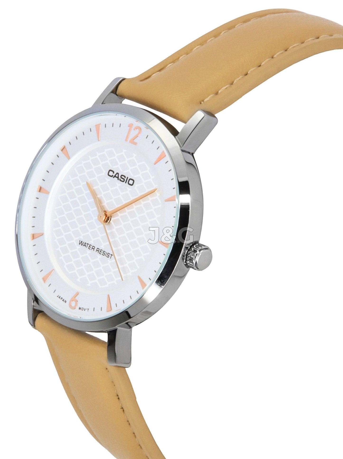 Casio Standard Quartz movement White Leather Female LTP-VT04L-7A1. A brand-new Casio Standard watch featuring a White dial and a Leather strap. Front view. - view 2