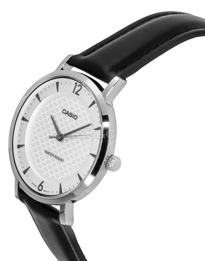 Casio Standard Quartz movement White Leather Female LTP-VT04L-7A2. A brand-new Casio Standard watch featuring a White dial and a Leather strap. Side view. - view 2