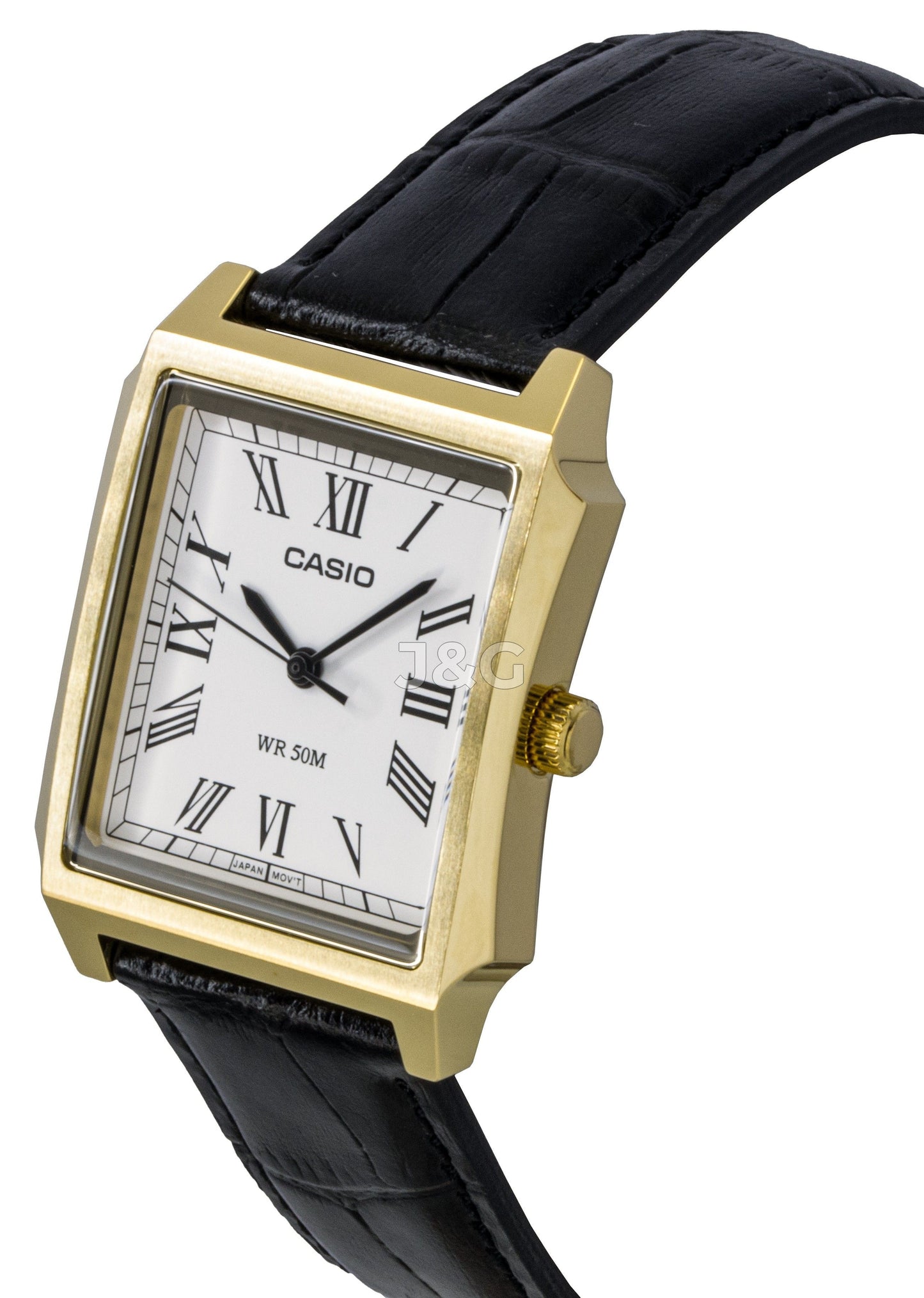 Casio Standard Quartz movement White Leather Male MTP-B190GL-7BV. A brand-new Casio Standard watch featuring a White dial and a Leather strap. Angled view. - view 2