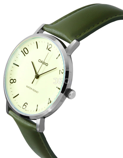 Casio Standard Quartz movement White Leather Male MTP-VT03L-7B. A brand-new Casio Standard watch featuring a White dial and a Leather strap. Side view. - view 2