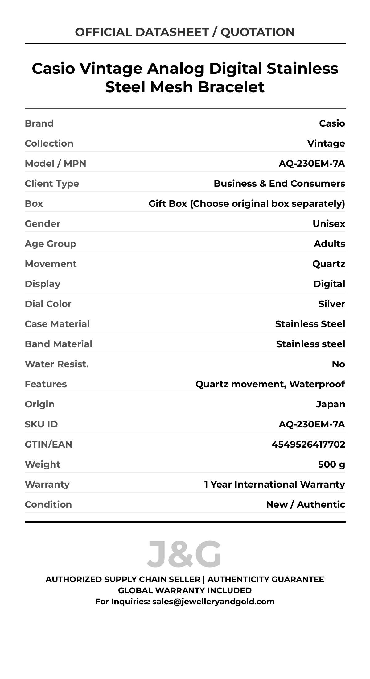Casio Vintage Analog Digital Stainless Steel Mesh Bracelet. A brand-new Casio Vintage watch featuring a Silver dial and a Stainless steel strap. Front view. - DS_FINAL