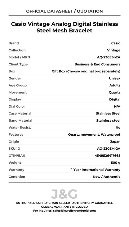 Casio Vintage Analog Digital Stainless Steel Mesh Bracelet. A brand-new Casio Vintage watch featuring a N/A dial and a Stainless steel strap. Angled view. - DS_FINAL