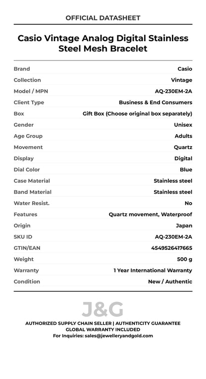 Casio Vintage Analog Digital Stainless Steel Mesh Bracelet. A brand-new Casio Vintage watch featuring a Blue dial and a Stainless steel strap. Front view. - DS_FINAL