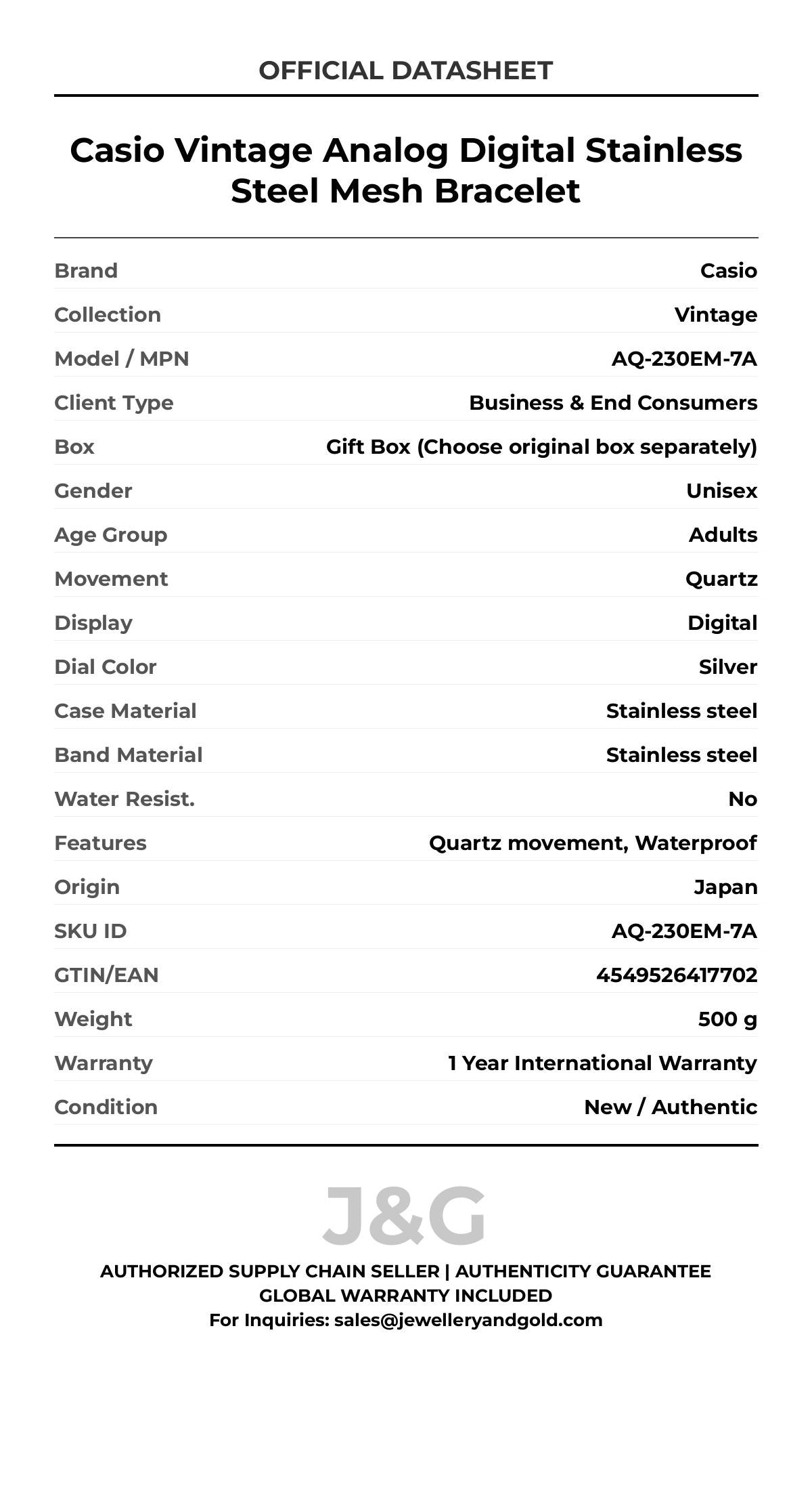 Casio Vintage Analog Digital Stainless Steel Mesh Bracelet. A brand-new Casio Vintage watch featuring a Silver dial and a Stainless steel strap. Front view. - DS_FINAL
