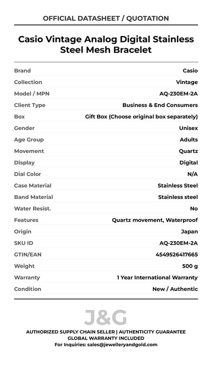Casio Vintage Analog Digital Stainless Steel Mesh Bracelet. A brand-new Casio Vintage watch featuring a N/A dial and a Stainless steel strap. Side view. - DS_FINAL
