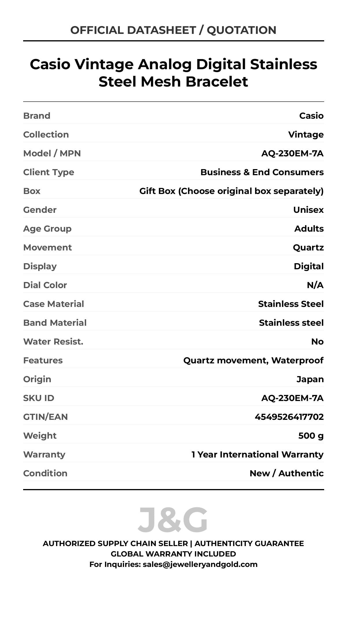Casio Vintage Analog Digital Stainless Steel Mesh Bracelet. A brand-new Casio Vintage watch featuring a N/A dial and a Stainless steel strap. Side view. - DS_FINAL