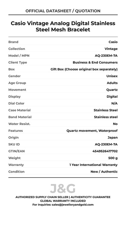Casio Vintage Analog Digital Stainless Steel Mesh Bracelet. A brand-new Casio Vintage watch featuring a N/A dial and a Stainless steel strap. Side view. - DS_FINAL
