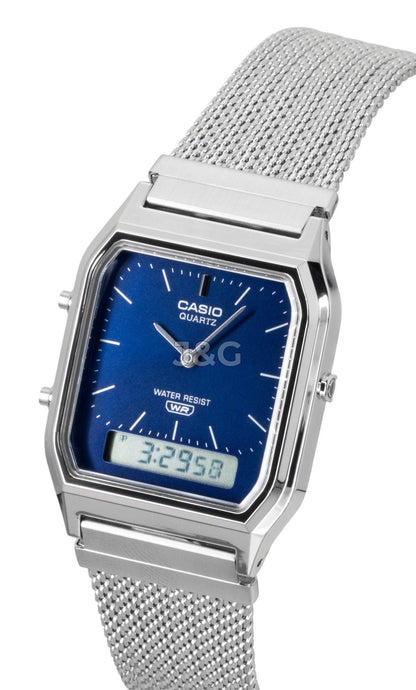 Casio Vintage Analog Digital Stainless Steel Mesh Bracelet. A brand-new Casio Vintage watch featuring a Blue dial and a Stainless steel strap. Side view. - SEQ_2