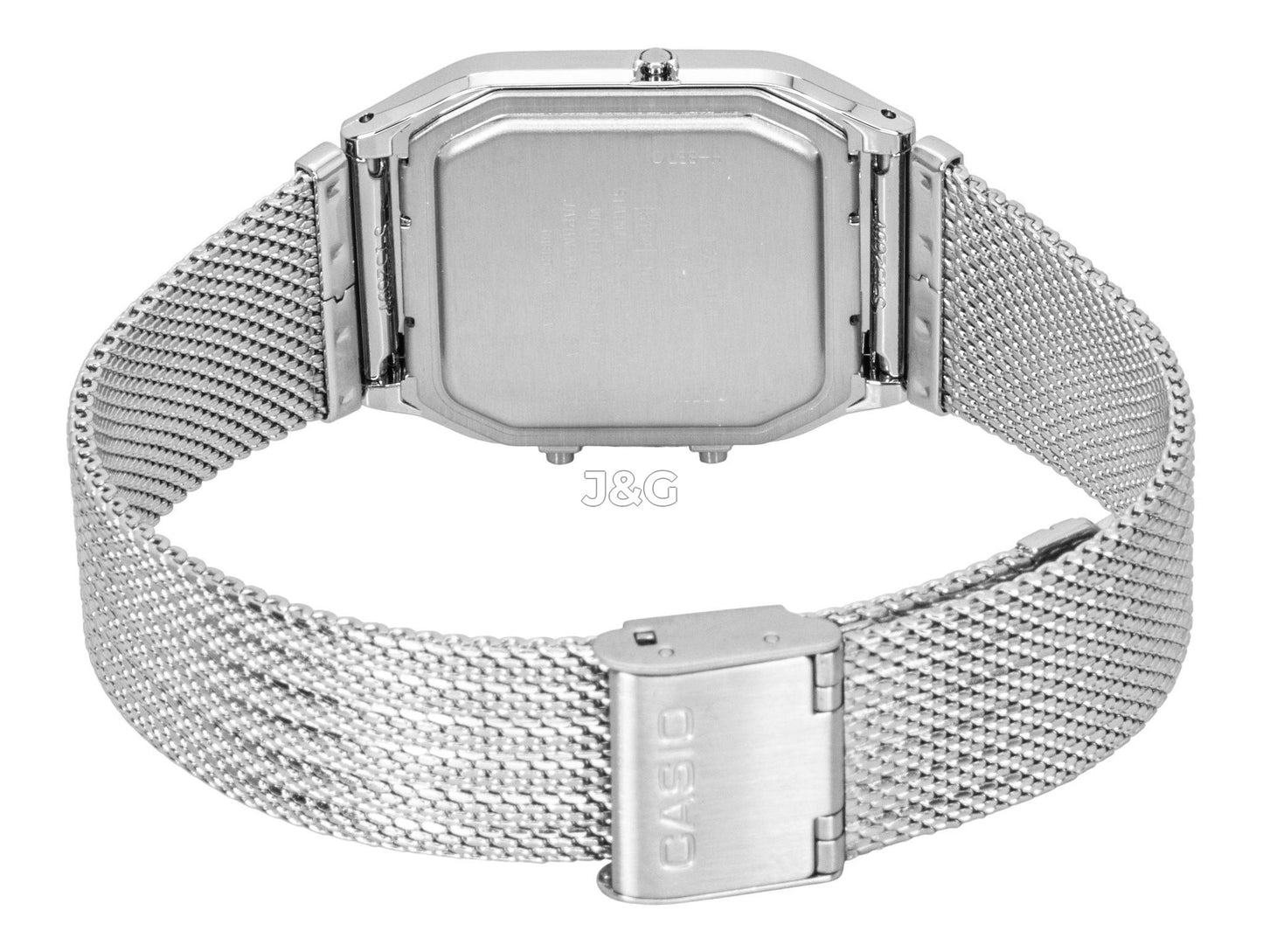 Casio Vintage Analog Digital Stainless Steel Mesh Bracelet. A brand-new Casio Vintage watch featuring a Silver dial and a Stainless steel strap. Front view. - SEQ_3