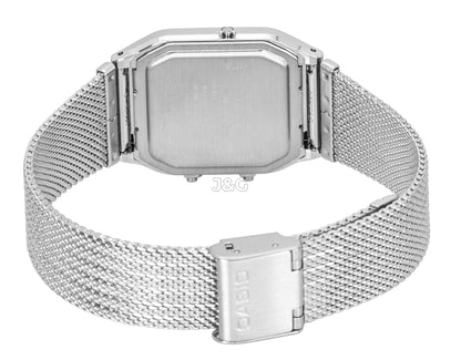 Casio Vintage Analog Digital Stainless Steel Mesh Bracelet. A brand-new Casio Vintage watch featuring a N/A dial and a Stainless steel strap. Angled view. - SEQ_3