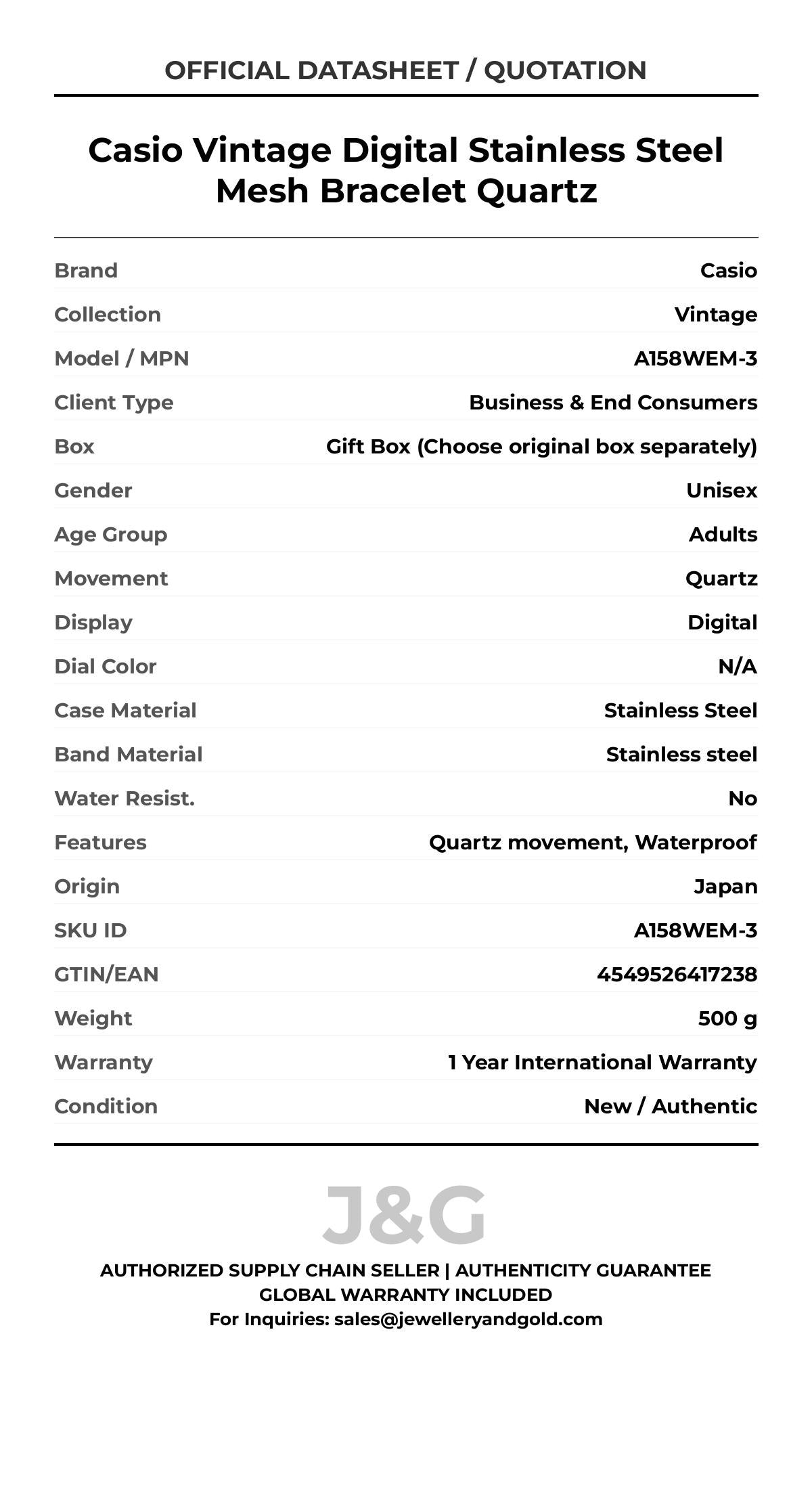 Casio Vintage Digital Stainless Steel Mesh Bracelet Quartz. A brand-new Casio Vintage watch featuring a N/A dial and a Stainless steel strap. Front view. - DS_FINAL
