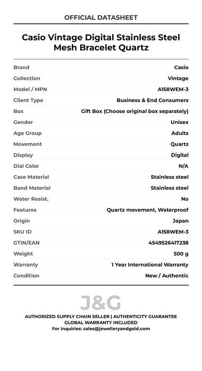 Casio Vintage Digital Stainless Steel Mesh Bracelet Quartz. A brand-new Casio Vintage watch featuring a N/A dial and a Stainless steel strap. Angled view. - DS_FINAL