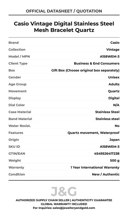 Casio Vintage Digital Stainless Steel Mesh Bracelet Quartz. A brand-new Casio Vintage watch featuring a N/A dial and a Stainless steel strap. Side view. - DS_FINAL