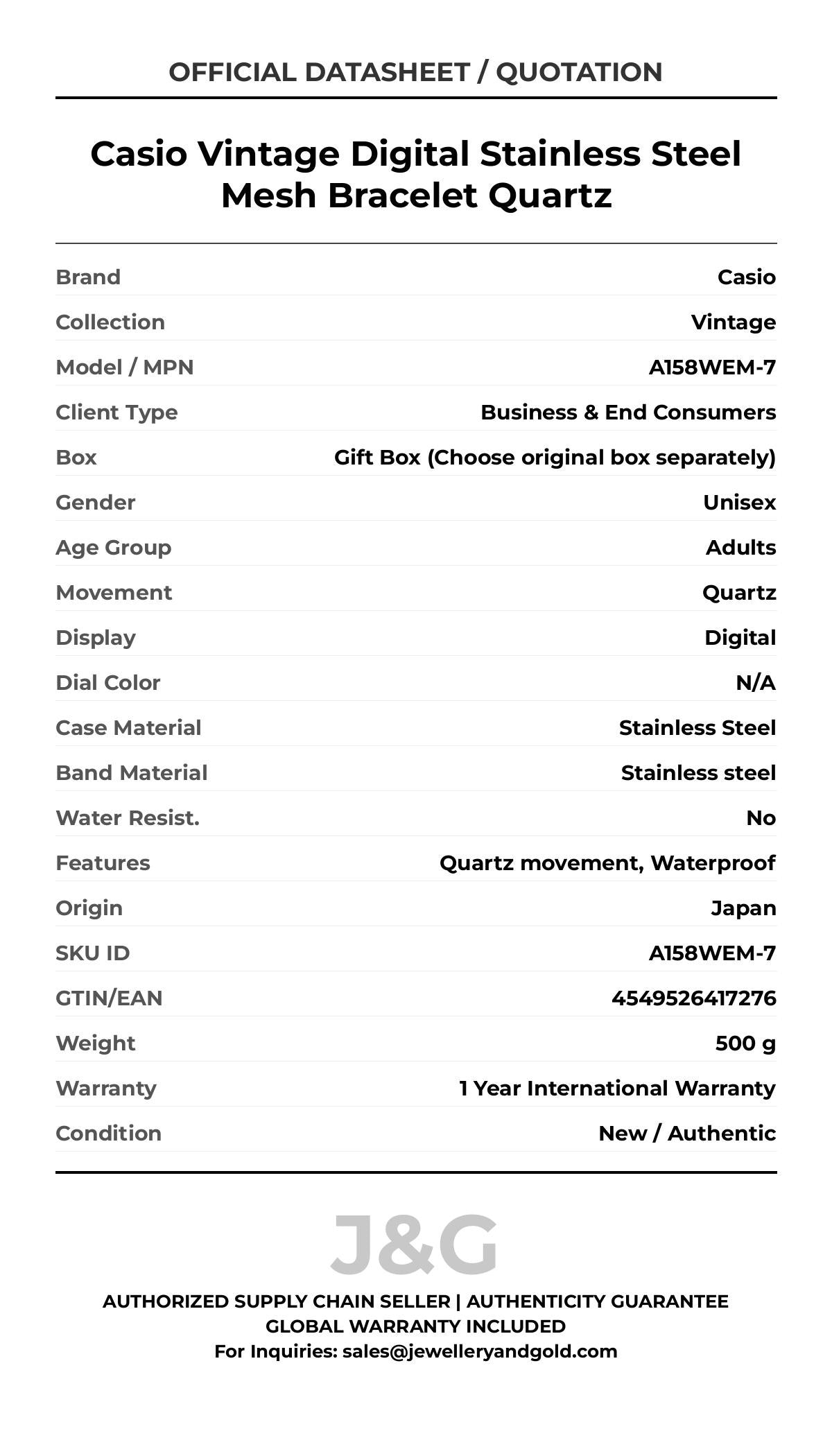 Casio Vintage Digital Stainless Steel Mesh Bracelet Quartz. A brand-new Casio Vintage watch featuring a N/A dial and a Stainless steel strap. Angled view. - DS_FINAL