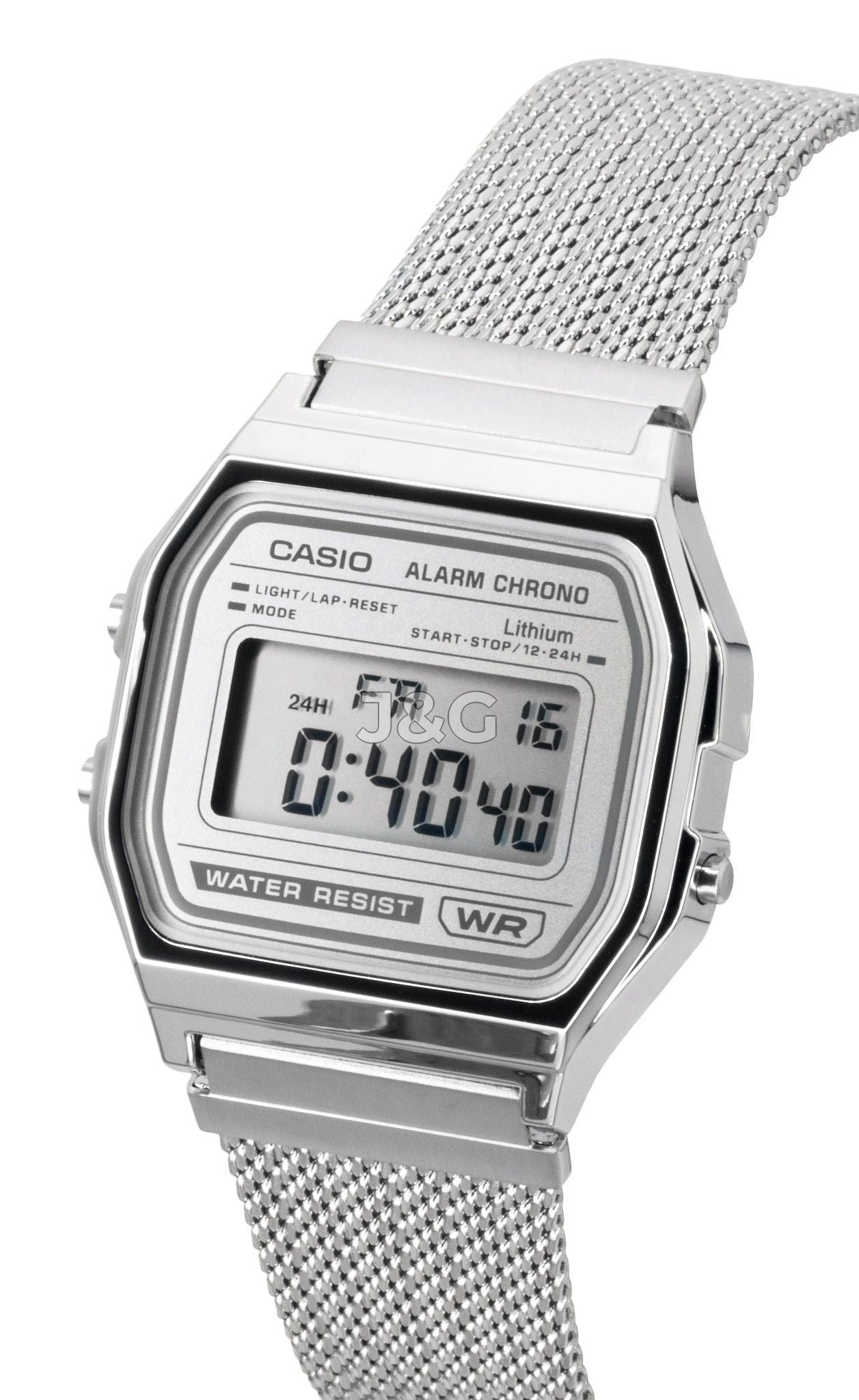Casio Vintage Digital Stainless Steel Mesh Bracelet Quartz. A brand-new Casio Vintage watch featuring a N/A dial and a Stainless steel strap. Front view. - SEQ_3
