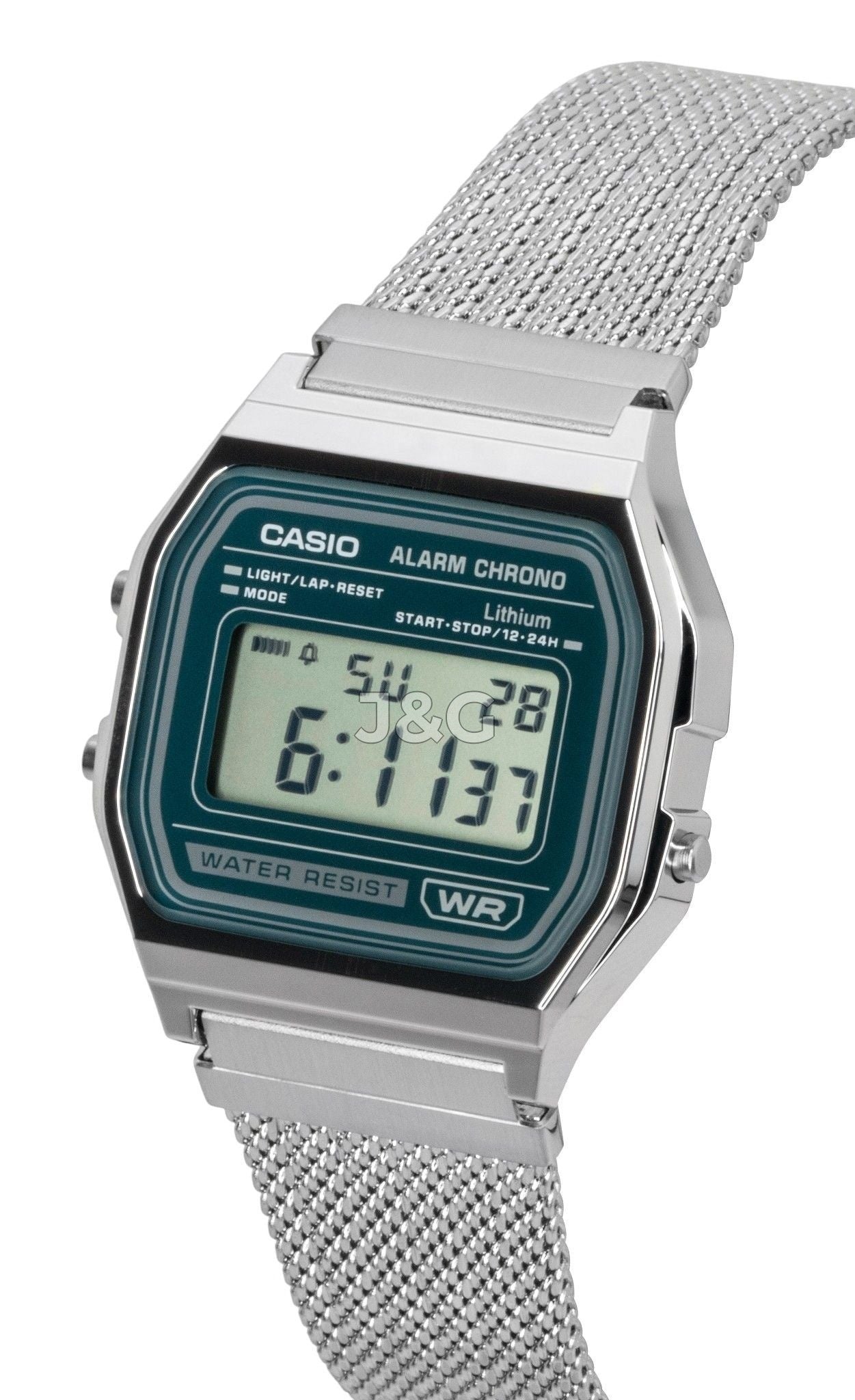 Casio Vintage Digital Stainless Steel Mesh Bracelet Quartz. A brand-new Casio Vintage watch featuring a N/A dial and a Stainless steel strap. Angled view. - SEQ_3