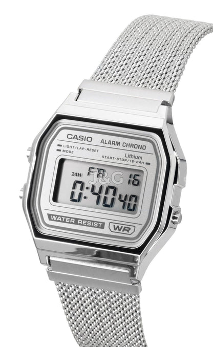 Casio Vintage Digital Stainless Steel Mesh Bracelet Quartz. A brand-new Casio Vintage watch featuring a N/A dial and a Stainless steel strap. Angled view. - SEQ_3