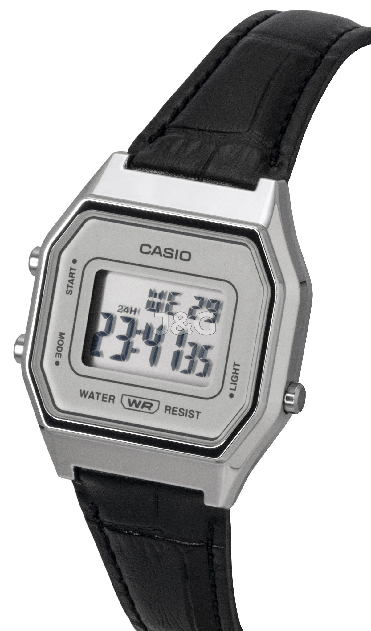 Casio Vintage Quartz movement Blue Leather Male LA680WEL-1. A brand-new Casio Vintage watch featuring a Blue dial and a Leather strap. Angled view. - view 3
