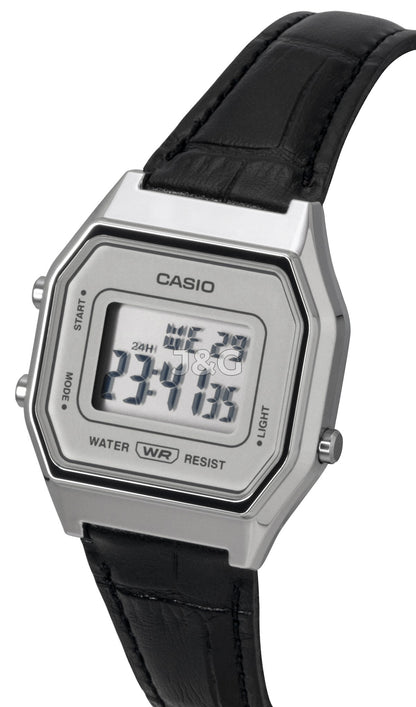 Casio Vintage Quartz movement Blue Leather Male LA680WEL-1. A brand-new Casio Vintage watch featuring a Blue dial and a Leather strap. Angled view. - view 3