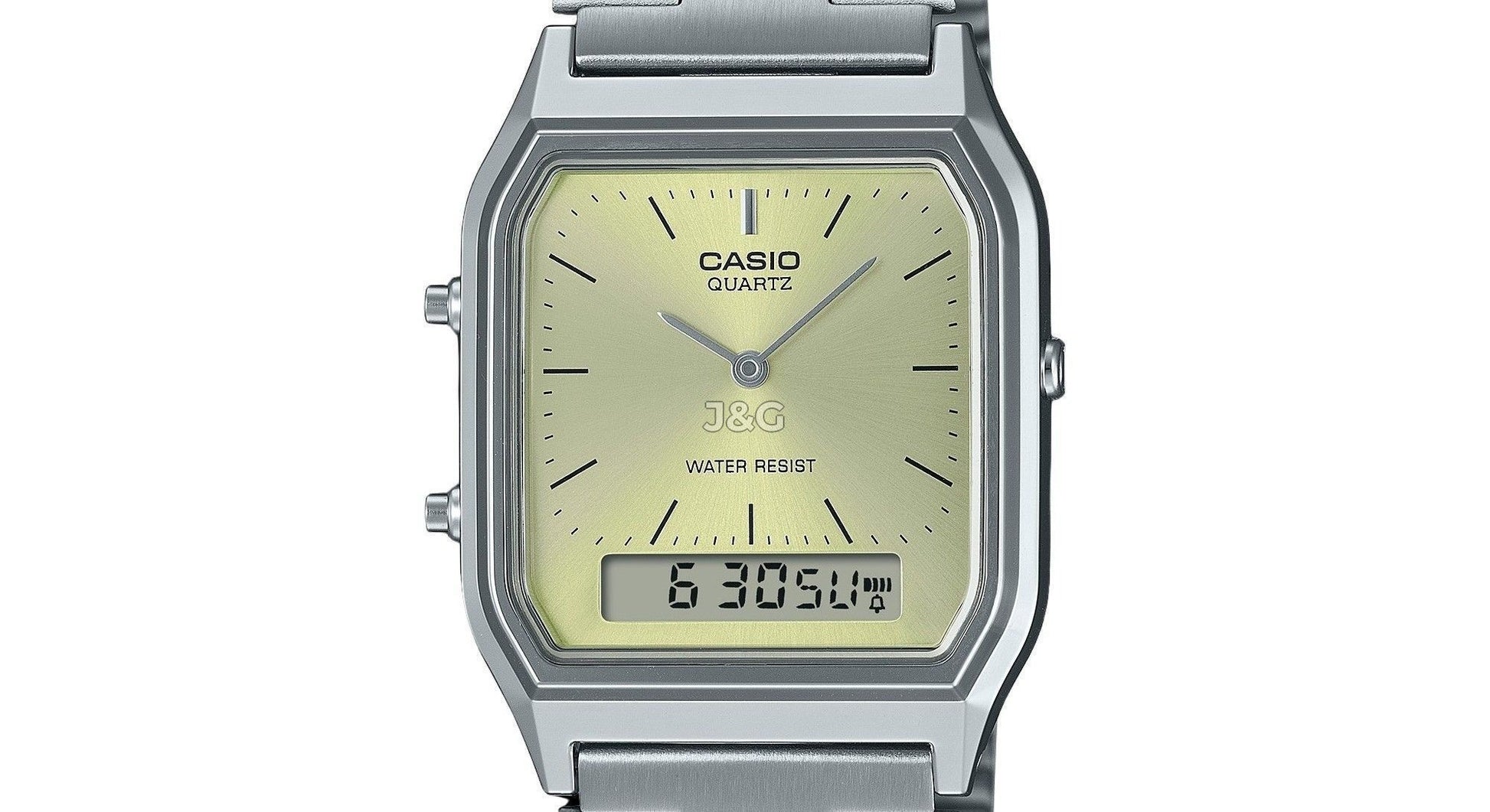 Casio Vintage Quartz movement Champagne Male AQ-230A-9AMQY. A brand-new Casio Vintage watch featuring a Champagne dial. Side view. - view 2