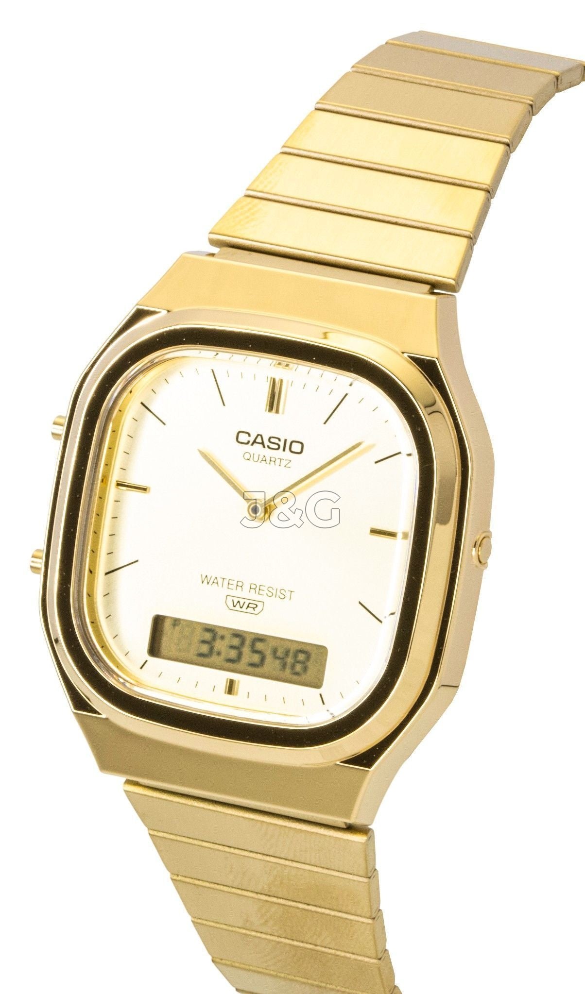 Casio Vintage Quartz movement Gold Stainless steel Male AQ-240EG-9A. A brand-new Casio Vintage watch featuring a Gold dial and a Stainless steel strap. Angled view. - view 2