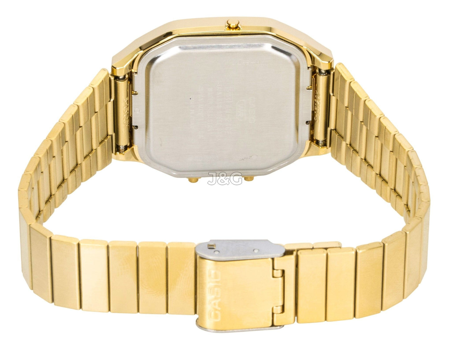 Casio Vintage Quartz movement Gold Stainless steel Male AQ-240EG-9A. A brand-new Casio Vintage watch featuring a Gold dial and a Stainless steel strap. Angled view. - view 3