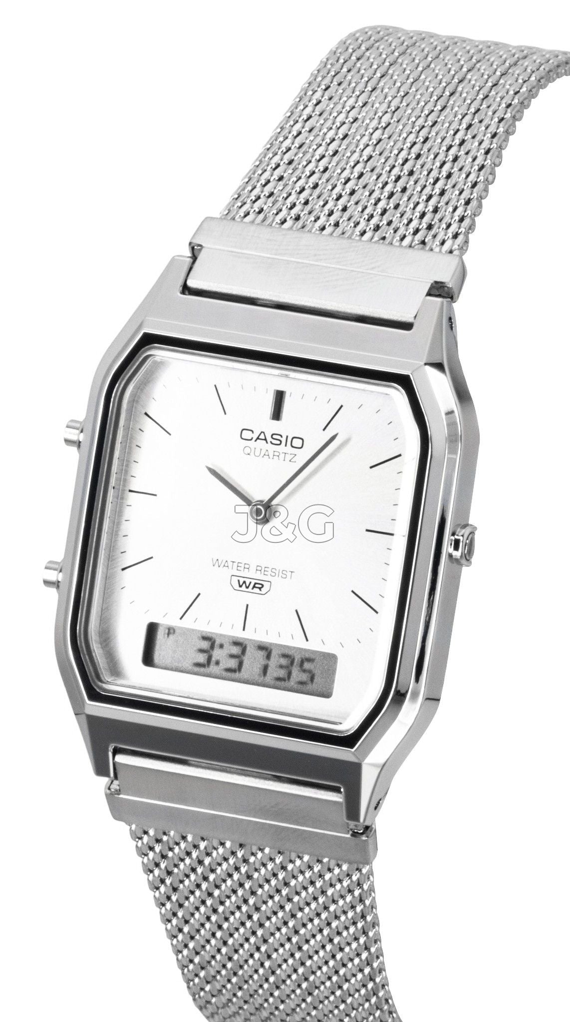 Casio Vintage Quartz movement Silver Stainless steel Male AQ-230EM-7A. A brand-new Casio Vintage watch featuring a Silver dial and a Stainless steel strap. Front view. - view 2