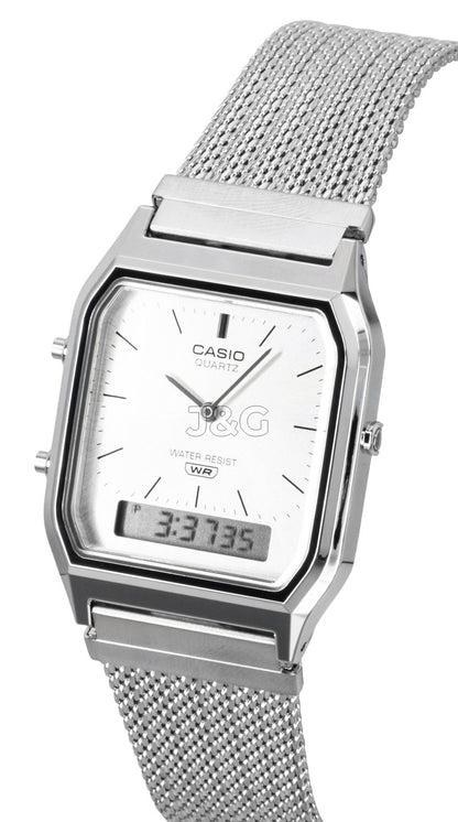 Casio Vintage Quartz movement Silver Stainless steel Male AQ-230EM-7A. A brand-new Casio Vintage watch featuring a Silver dial and a Stainless steel strap. Front view. - view 2