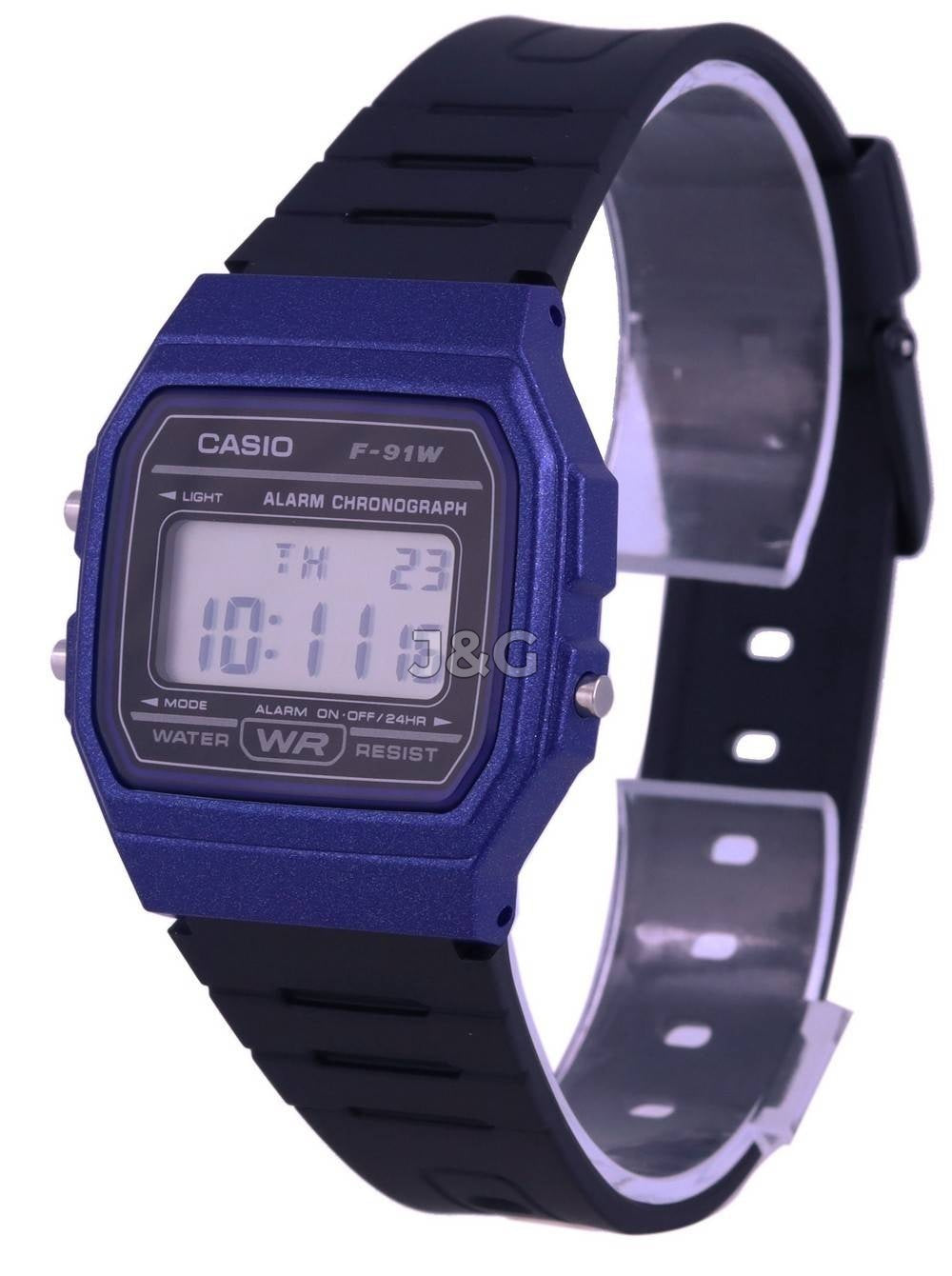 Casio Youth Alarm Black Male F-91WM-2A. A brand-new Casio Youth watch featuring a Black dial. Angled view. - view 3