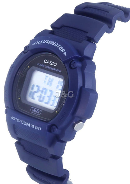 Casio Youth Alarm Black Male W-219H-2A. A brand-new Casio Youth watch featuring a Black dial. Side view. - view 3