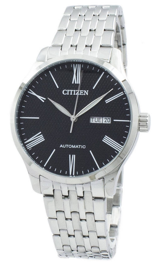 Citizen Automatic Stainless Steel Water Resistant. A brand-new Citizen watch featuring a Stainless steel strap. Front view.