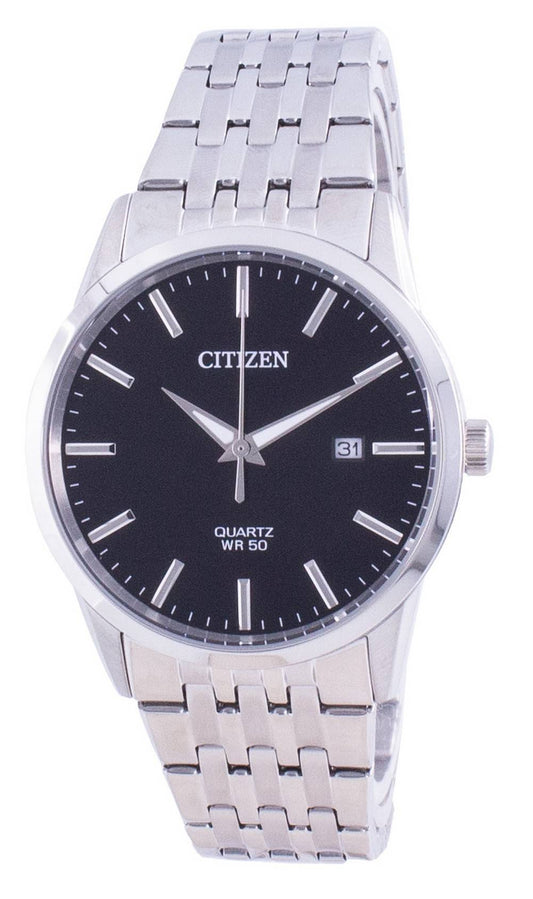 Citizen Black Dial Stainless Steel Quartz Water Resistant. A brand-new Citizen watch featuring a Black dial and a Stainless steel strap. Front view.