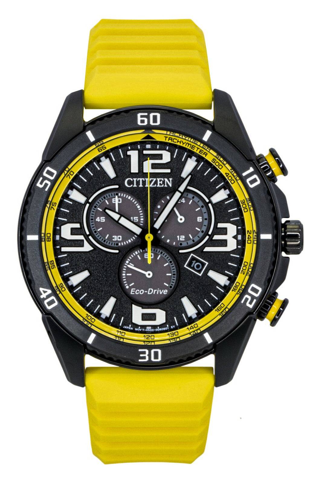 Citizen Brycen Chronograph Silicone Strap Black Dial. A brand-new Citizen Eco-Drive watch featuring a Black dial and a Silicone strap. Front view.