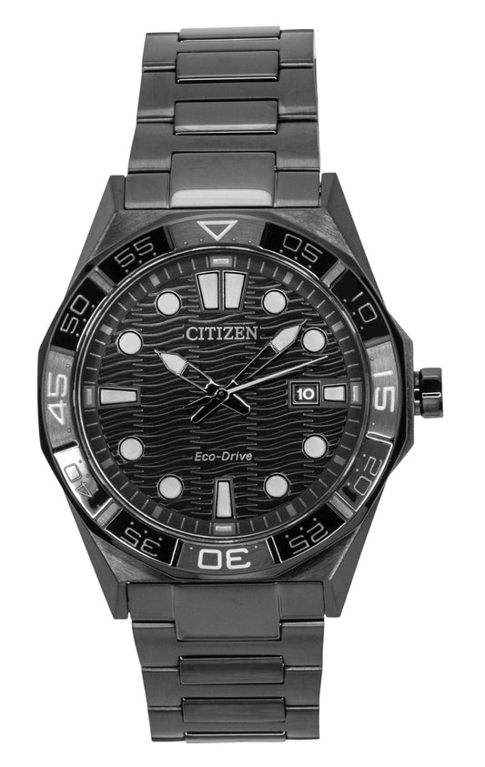 Citizen Brycen Stainless Steel Black Dial Eco-Drive 100M. A brand-new Citizen Eco-Drive watch featuring a Black dial and a Stainless steel strap. Angled view.