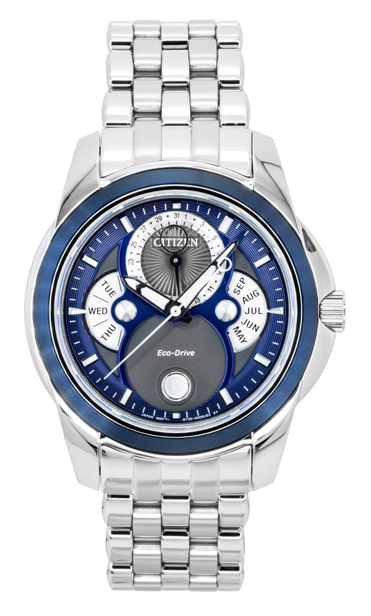 Citizen Calendrier Moon Phase Stainless Steel Blue Dial. A brand-new Citizen Eco-Drive watch featuring a Blue dial and a Stainless steel strap. Front view.