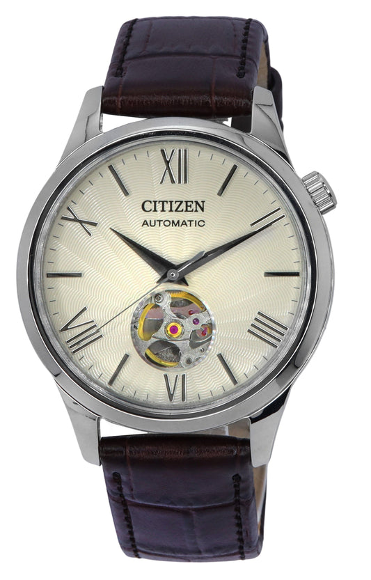 Citizen Calf Leather Strap Open Heart Ivory Dial Automatic. A brand-new Citizen watch featuring a Ivory dial and a Leather strap. Angled view.