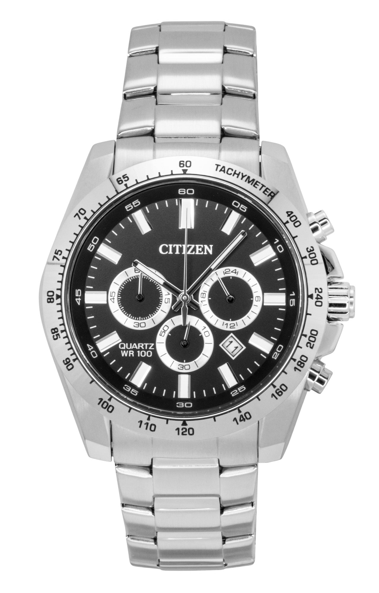 Citizen Chronograph Stainless Steel Black Dial Quartz 100M. A brand-new Citizen watch featuring a Black dial and a Stainless steel strap. Side view.