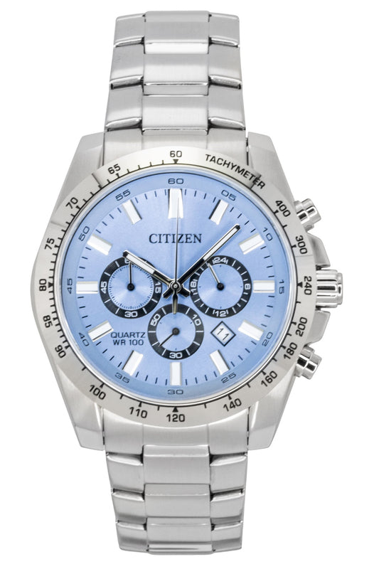 Citizen Chronograph Stainless Steel Blue Dial Quartz 100M. A brand-new Citizen watch featuring a Blue dial and a Stainless steel strap. Front view.