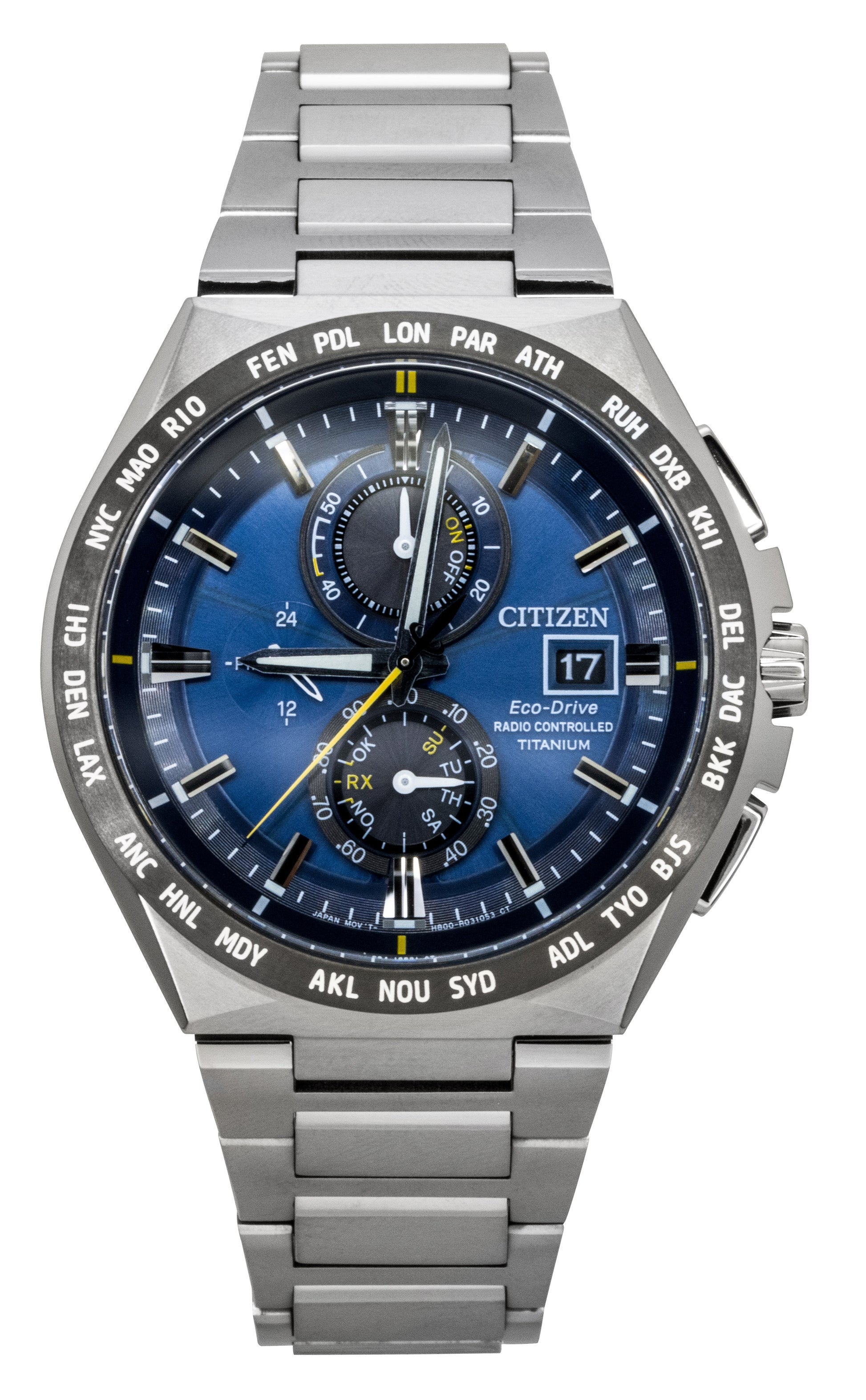 Citizen Chronograph Super Titanium Blue Dial Eco-Drive 100M. A brand-new Citizen Eco-Drive watch featuring a Blue dial and a Titanium strap. Angled view.