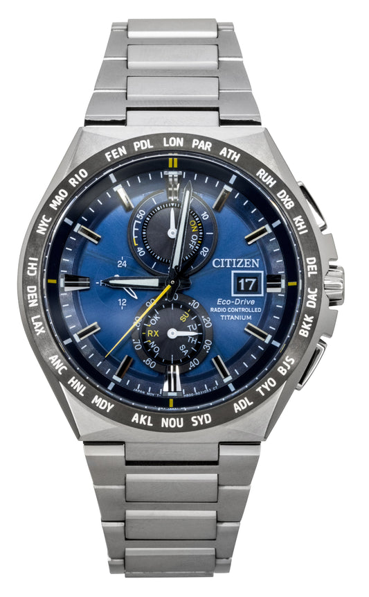 Citizen Chronograph Super Titanium Blue Dial Eco-Drive 100M. A brand-new Citizen Eco-Drive watch featuring a Blue dial and a Titanium strap. Angled view.